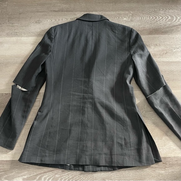 Tibi Gray Linen Blend Pinstripe Double Breasted Blazer Elbow Cutouts - Picture 8 of 10
